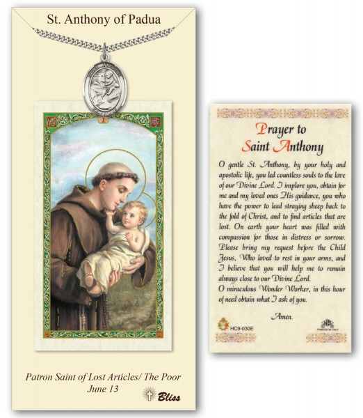 St. Anthony of Padua Medal in Pewter with Prayer Card - Silver tone