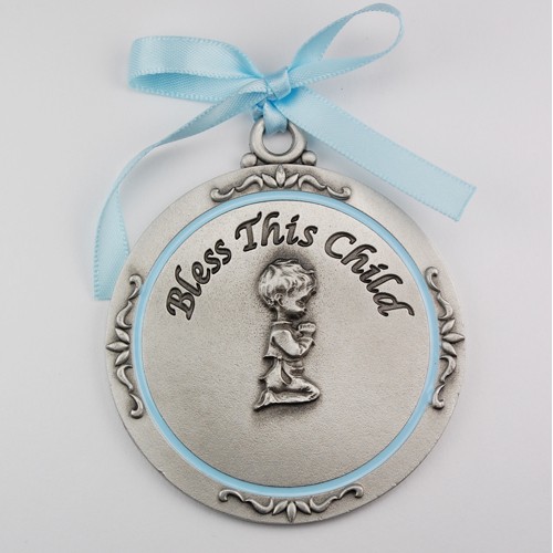 Silver Bless This Child Crib Medal - Boy - Silver | Blue
