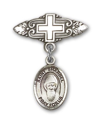 Pin Badge with St. Sharbel Charm and Badge Pin with Cross - Silver tone