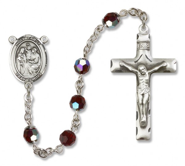 Holy Family Sterling Silver Heirloom Rosary Squared Crucifix - Garnet