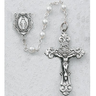 Girl's White Faux Pearl Rosary with Miraculous Centerpiece - White