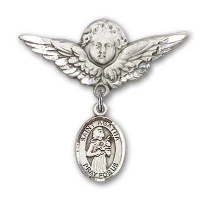 Pin Badge with St. Agatha Charm and Angel with Larger Wings Badge Pin - Silver tone