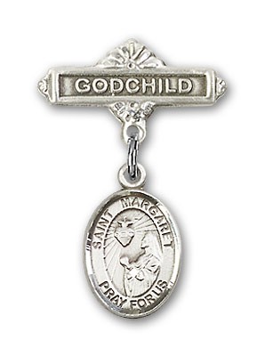 Pin Badge with St. Margaret Mary Alacoque Charm and Godchild Badge Pin - Silver tone