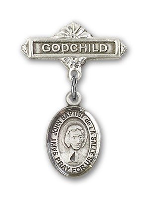 Pin Badge with St. John Baptist de la Salle Charm and Godchild Badge Pin - Silver tone