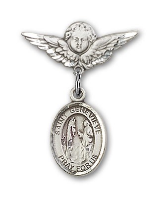 Pin Badge with St. Genevieve Charm and Angel with Smaller Wings Badge Pin - Silver tone