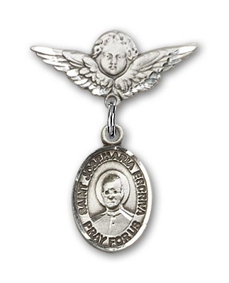 Pin Badge with St. Josemaria Escriva Charm and Angel with Smaller Wings Badge Pin - Silver tone