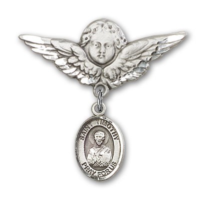 Pin Badge with St. Timothy Charm and Angel with Larger Wings Badge Pin - Silver tone