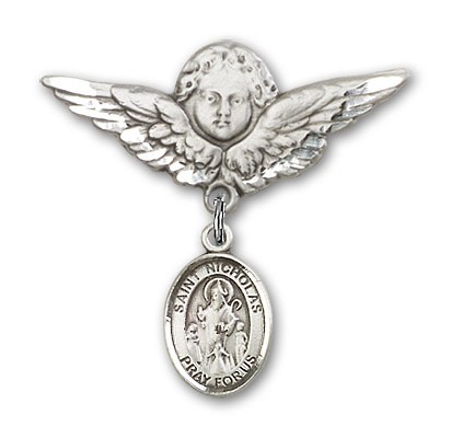 Pin Badge with St. Nicholas Charm and Angel with Larger Wings Badge Pin - Silver tone