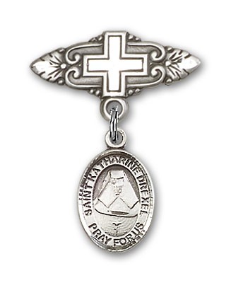Pin Badge with St. Katherine Drexel Charm and Badge Pin with Cross - Silver tone