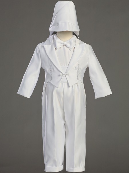Boy's Round Tail Satin Baptism Suit with Cummerbund - White
