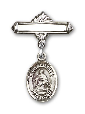 Pin Badge with St. Charles Borromeo Charm and Polished Engravable Badge Pin - Silver tone