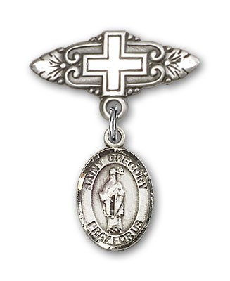 Pin Badge with St. Gregory the Great Charm and Badge Pin with Cross - Silver tone