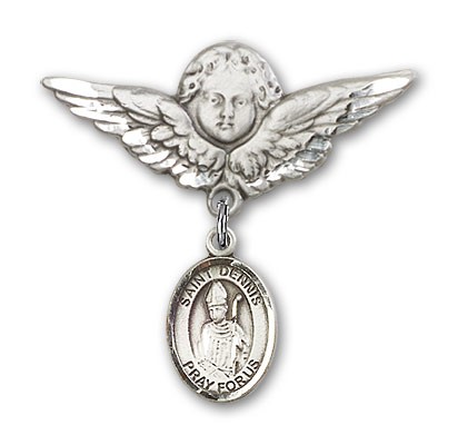 Pin Badge with St. Dennis Charm and Angel with Larger Wings Badge Pin - Silver tone