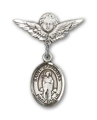 Pin Badge with St. Barnabas Charm and Angel with Smaller Wings Badge Pin - Silver tone