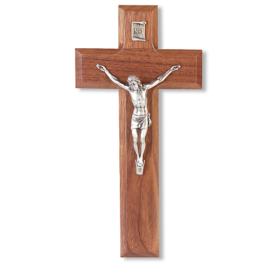 Antique Silver Plated Corpus and Walnut Wood Wall Crucifix - 8 inch - Brown
