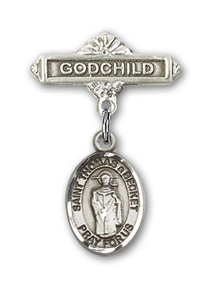 Pin Badge with St. Thomas A Becket Charm and Godchild Badge Pin - Silver tone
