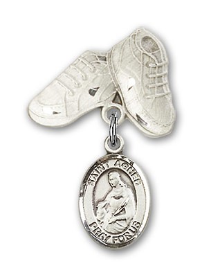 Pin Badge with St. Agnes of Rome Charm and Baby Boots Pin - Silver tone