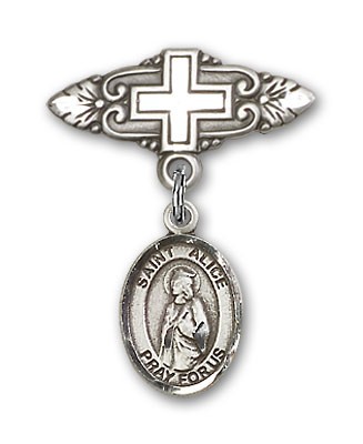 Pin Badge with St. Alice Charm and Badge Pin with Cross - Silver tone