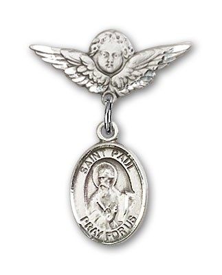 Pin Badge with St. Paul the Apostle Charm and Angel with Smaller Wings Badge Pin - Silver tone