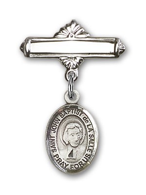 Pin Badge with St. John Baptist de la Salle Charm and Polished Engravable Badge Pin - Silver tone