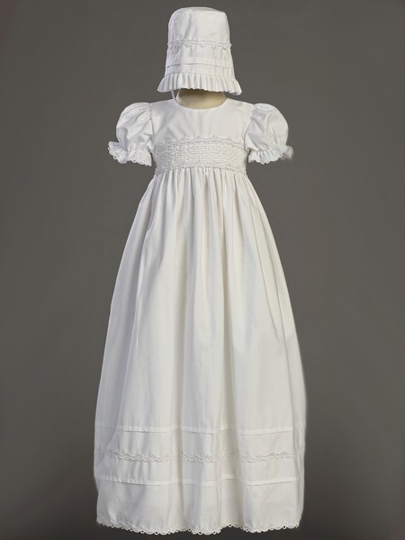 Marie Smock Cotton Long Length Baptism Gown  - White
