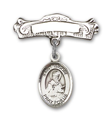 Pin Badge with St. Isidore of Seville Charm and Arched Polished Engravable Badge Pin - Silver tone
