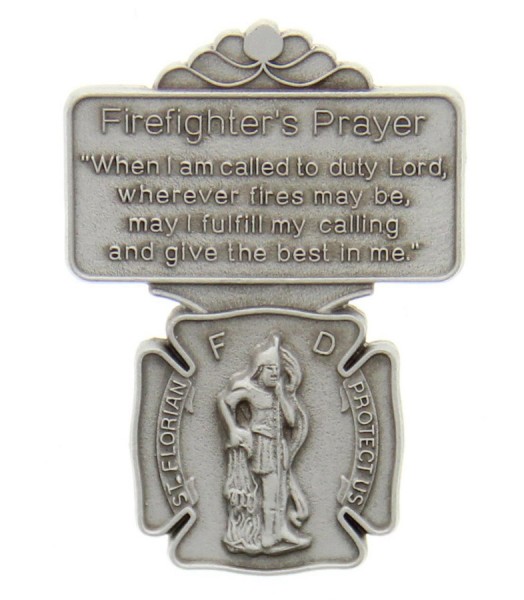 St. Florian Firefighter Prayer Visor Clip, Pewter - 2 1/8&quot;H - Silver