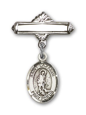 Pin Badge with St. Lazarus Charm and Polished Engravable Badge Pin - Silver tone