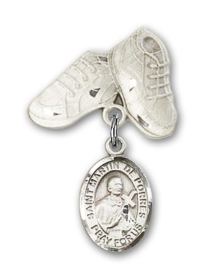 Pin Badge with St. Martin de Porres Charm and Baby Boots Pin - Silver tone