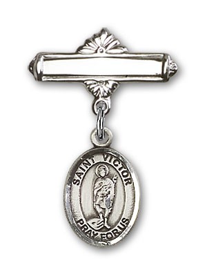 Pin Badge with St. Victor of Marseilles Charm and Polished Engravable Badge Pin - Silver tone