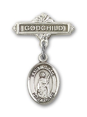 Pin Badge with St. Grace Charm and Godchild Badge Pin - Silver tone