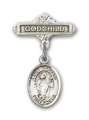 Pin Badge with St. Richard Charm and Godchild Badge Pin - Silver tone