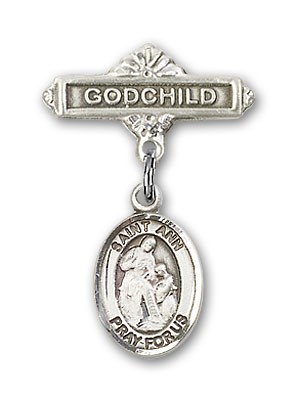 Pin Badge with St. Ann Charm and Godchild Badge Pin - Silver tone