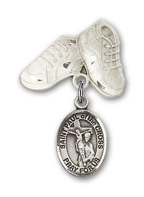 Pin Badge with St. Paul of the Cross Charm and Baby Boots Pin - Silver tone