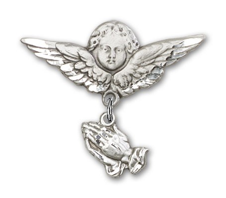 Baby Pin with Praying Hands Charm and Angel with Larger Wings Badge Pin - Silver tone