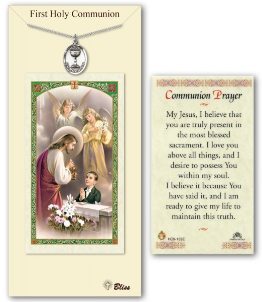 First Holy Communion Medal in Pewter with Prayer Card - Silver tone