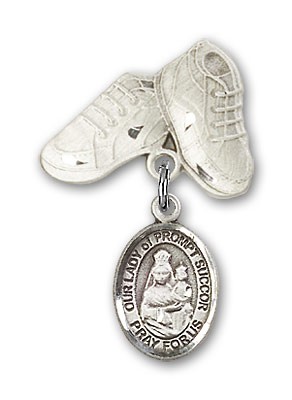 Baby Badge with Our Lady of Prompt Succor Charm and Baby Boots Pin - Silver tone