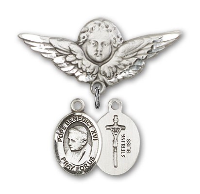 Pin Badge with Pope Benedict XVI Charm and Angel with Larger Wings Badge Pin - Silver tone