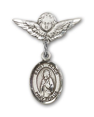 Pin Badge with St. Alice Charm and Angel with Smaller Wings Badge Pin - Silver tone