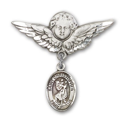 Pin Badge with St. Christopher Charm and Angel with Larger Wings Badge Pin - Silver tone