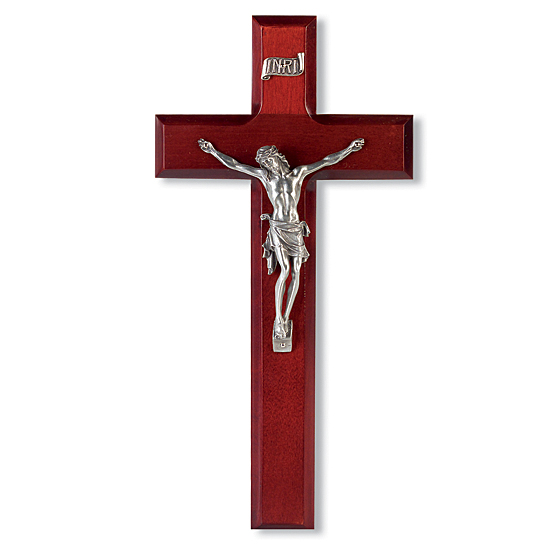 Silverstone Corpus with Dark Cherry Wood Wall Crucifix - 10 inch - Cherry Wood