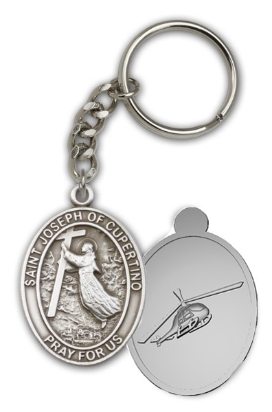 St. Joseph of Cupertino Key Chain with Helicopter - Antique Silver