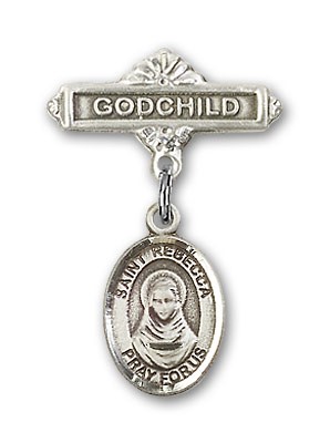Pin Badge with St. Rebecca Charm and Godchild Badge Pin - Silver tone