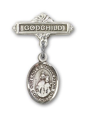 Baby Badge with Our Lady of Consolation Charm and Godchild Badge Pin - Silver tone