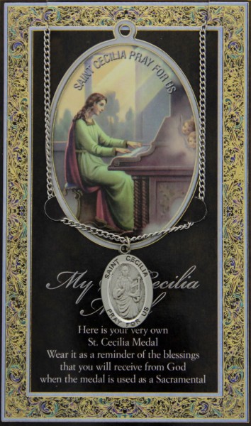 St. Cecilia Medal in Pewter with Bi-Fold Prayer Card - Silver tone