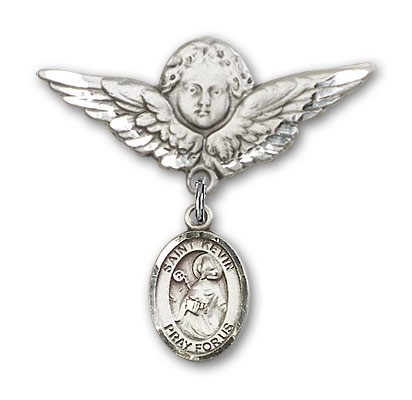 Pin Badge with St. Kevin Charm and Angel with Larger Wings Badge Pin - Silver tone