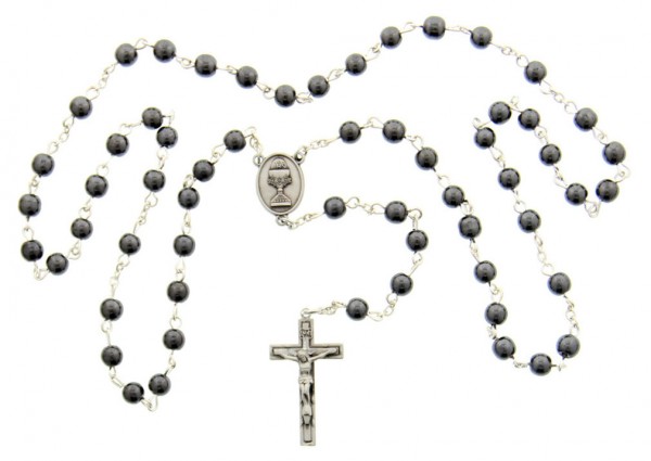 First Communion Hematite Rosary with Chalice Centerpiece - Silver