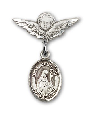 Pin Badge with St. Gertrude of Nivelles Charm and Angel with Smaller Wings Badge Pin - Silver tone