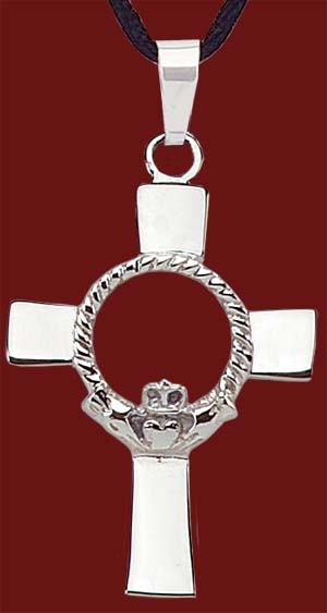 Stainless Steel Claddagh Cross Pendant - 1 1/4&quot;H - Silver