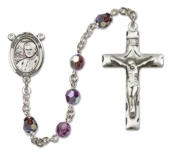Pope John Paul II Sterling Silver Heirloom Rosary Squared Crucifix - Amethyst
